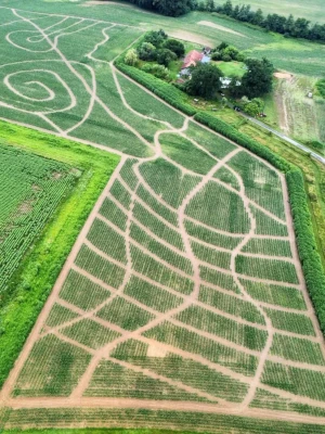 Vue aérienne du labyrinthe de maïs du Labyrinthe de Chalosse dans les Landes avec ses chemins et formes géométriques – Domaine de Larrous, Gaujacq (Landes)